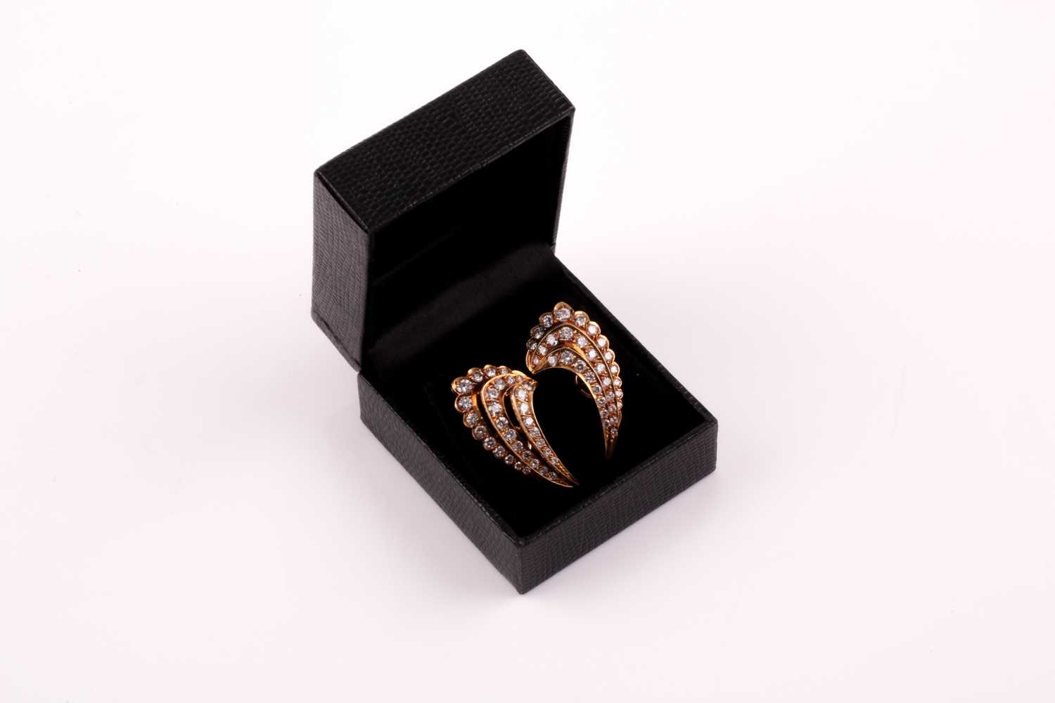 A pair of 18ct yellow gold and diamond wing earrings, each set with three rows of graduated round - Image 2 of 6