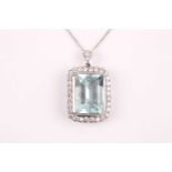 A diamond and aquamarine pendant, set with an emerald-cut aquamarine of approximately 15.0 carats,