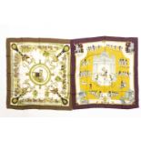 A Hermes, Paris, "Grands Attelages" pattern silk scarf, together with another Hermes "L'Ecole