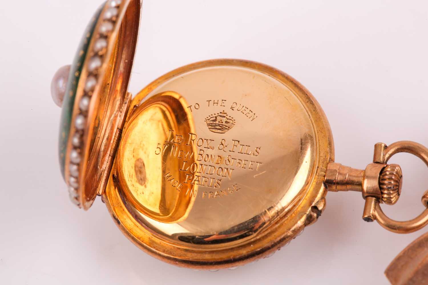 A late 19th century French yellow gold and guilloche enamel pendant fob watch, by Le Roy and Fils, - Image 6 of 10