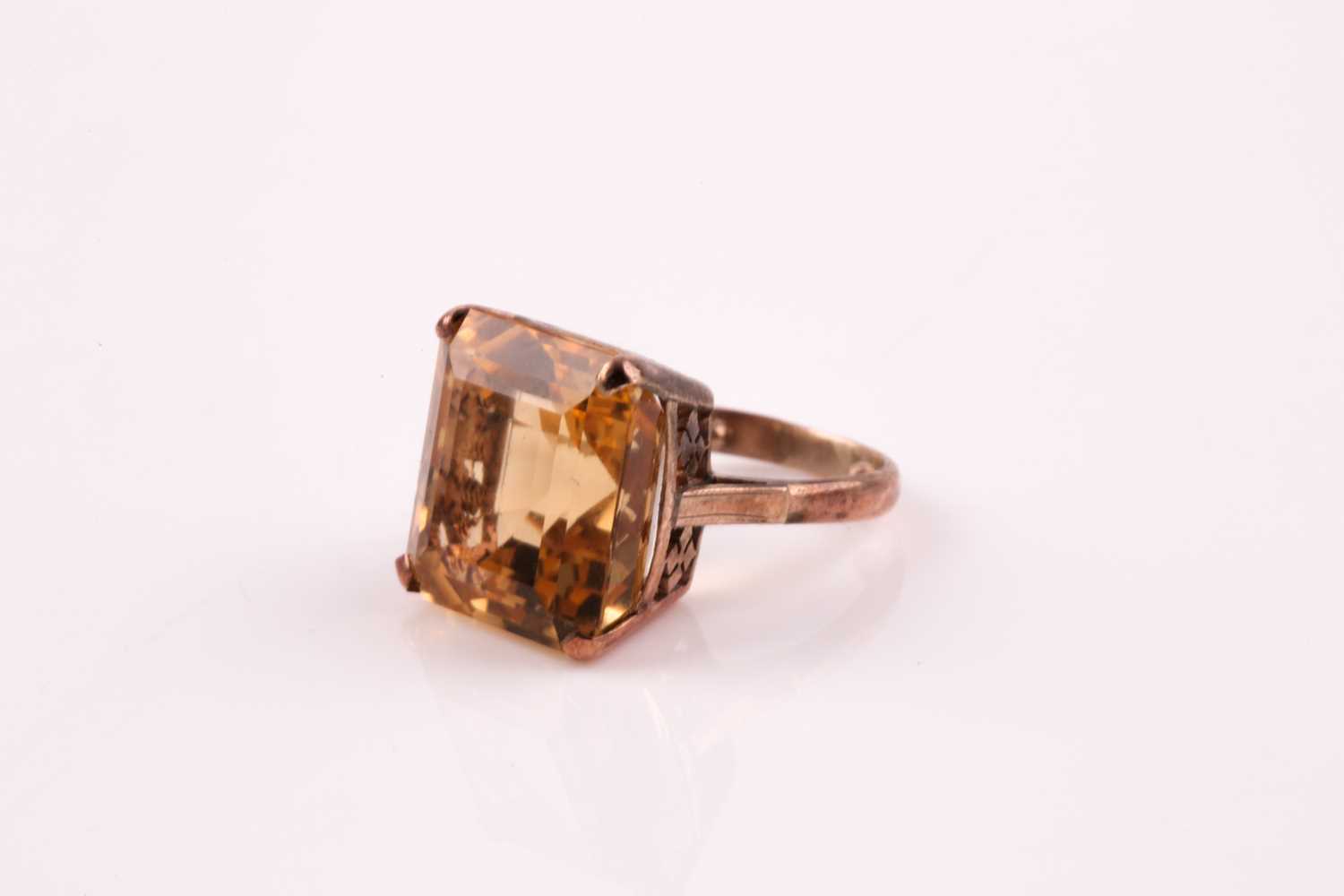 A single stone citrine ring, the square step-cut citrine, in four claw mount, foliate setting and - Image 2 of 5
