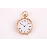 An 18ct yellow gold cased pocket watch, with white enamel Roman numeral dial, marked 18 to