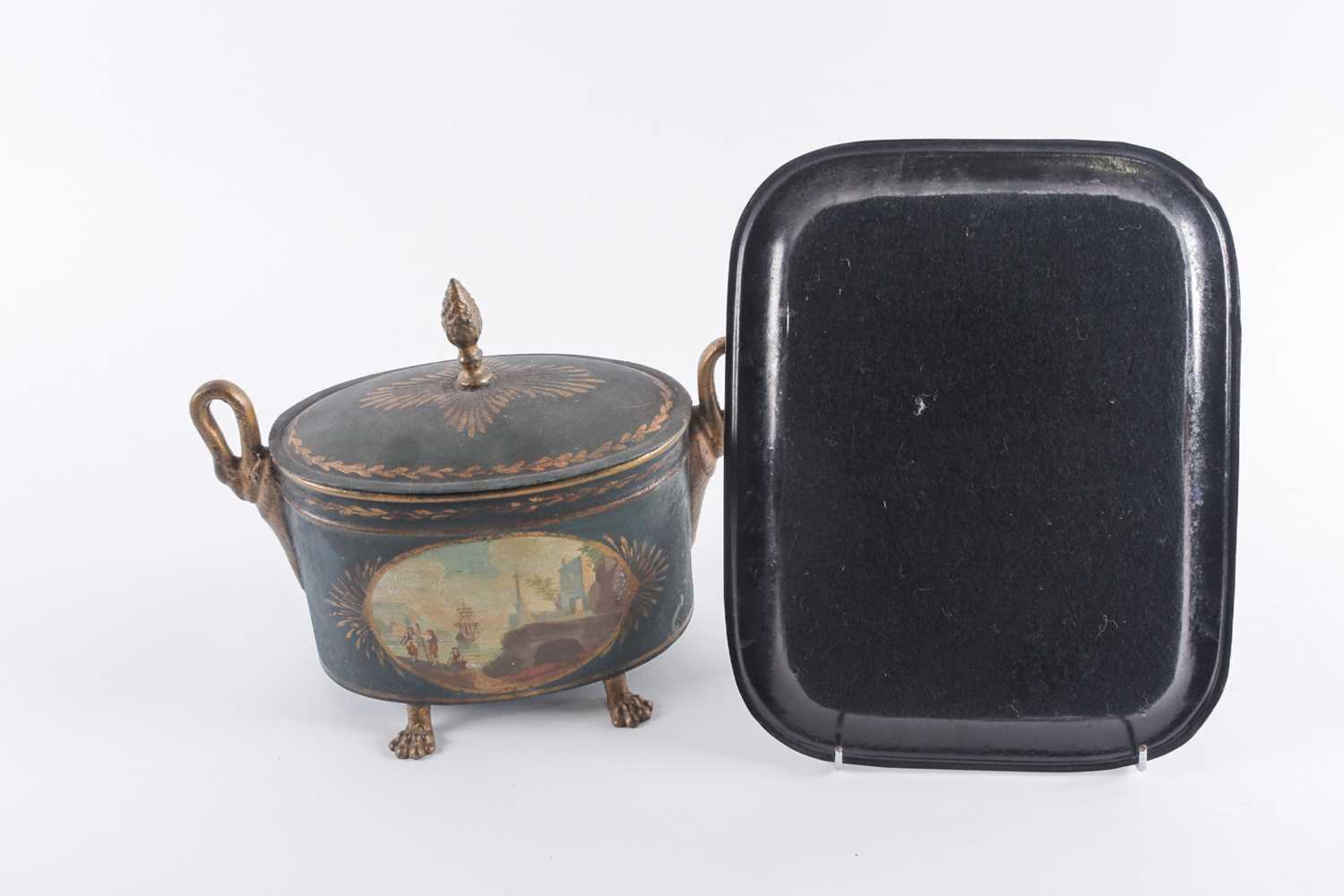 A 19th-century toleware covered urn of twin-handled oval form with flame finial to the lid, on - Image 4 of 5