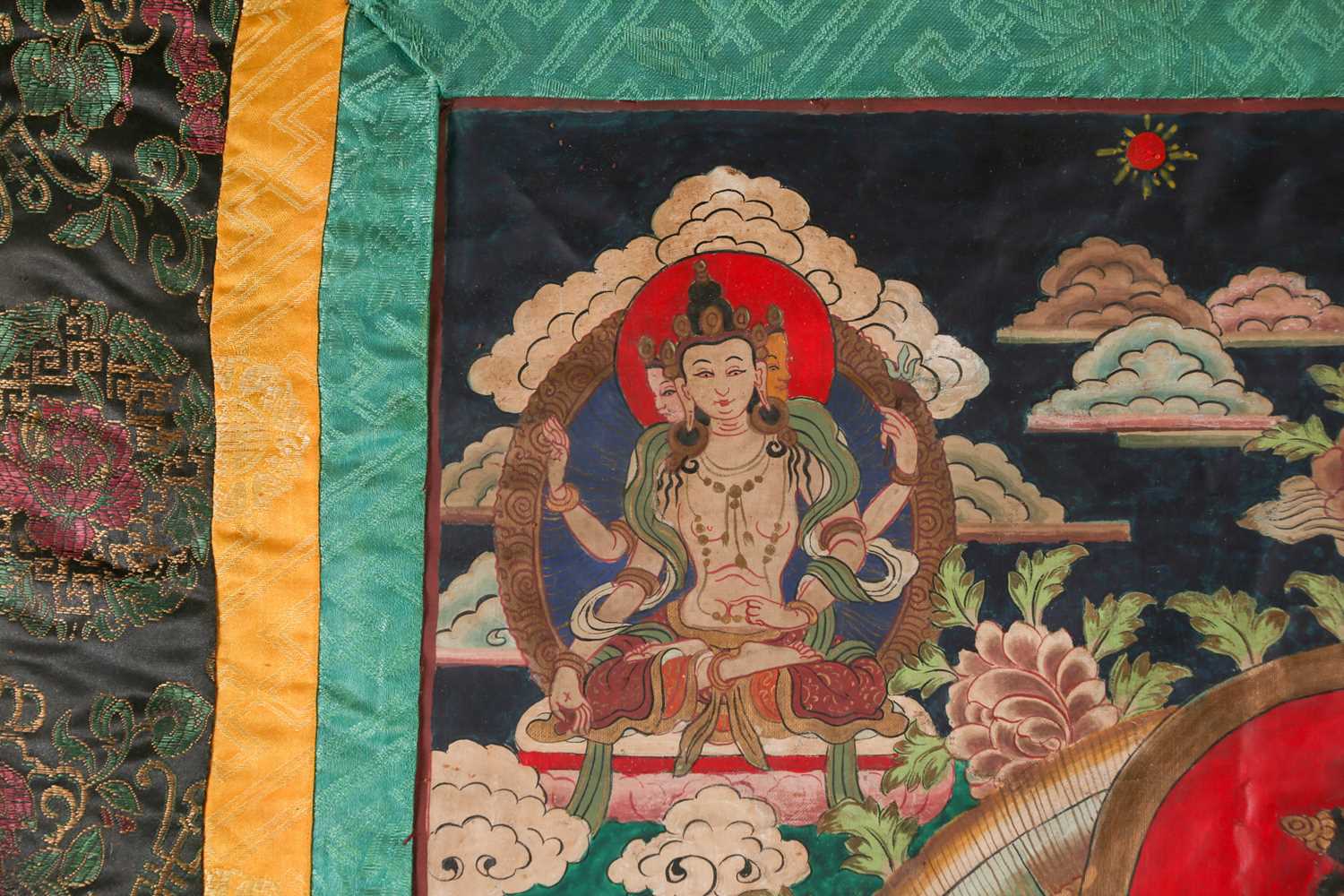 A Tibetan thangka painted on fabric depicting the seated white Tara with her hands in the varada - Image 8 of 8
