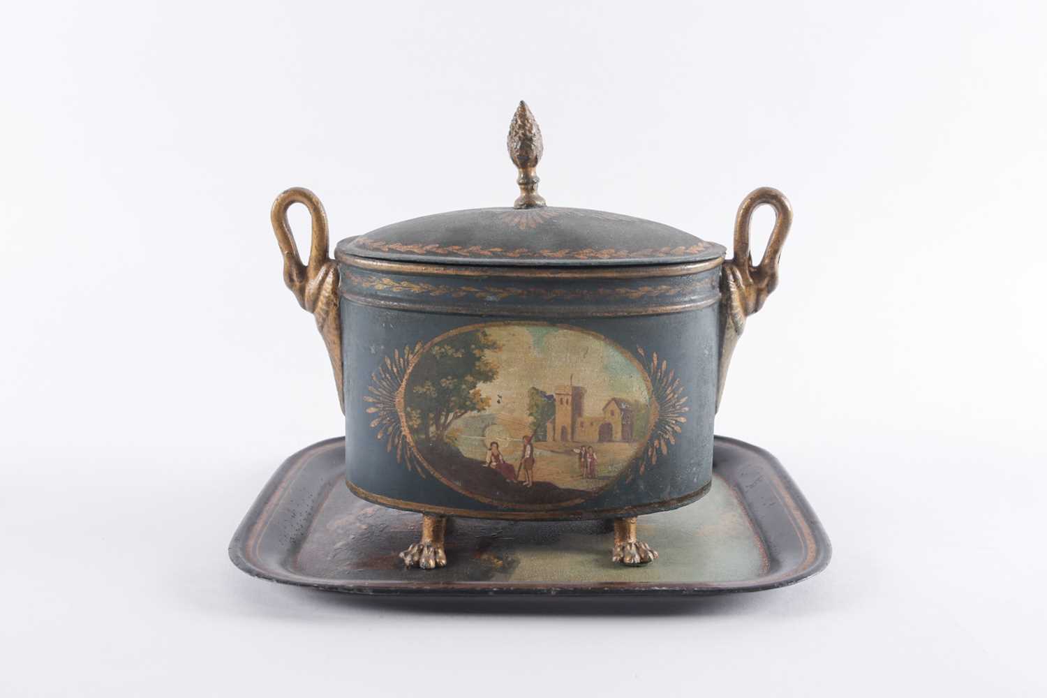 A 19th-century toleware covered urn of twin-handled oval form with flame finial to the lid, on - Image 3 of 5