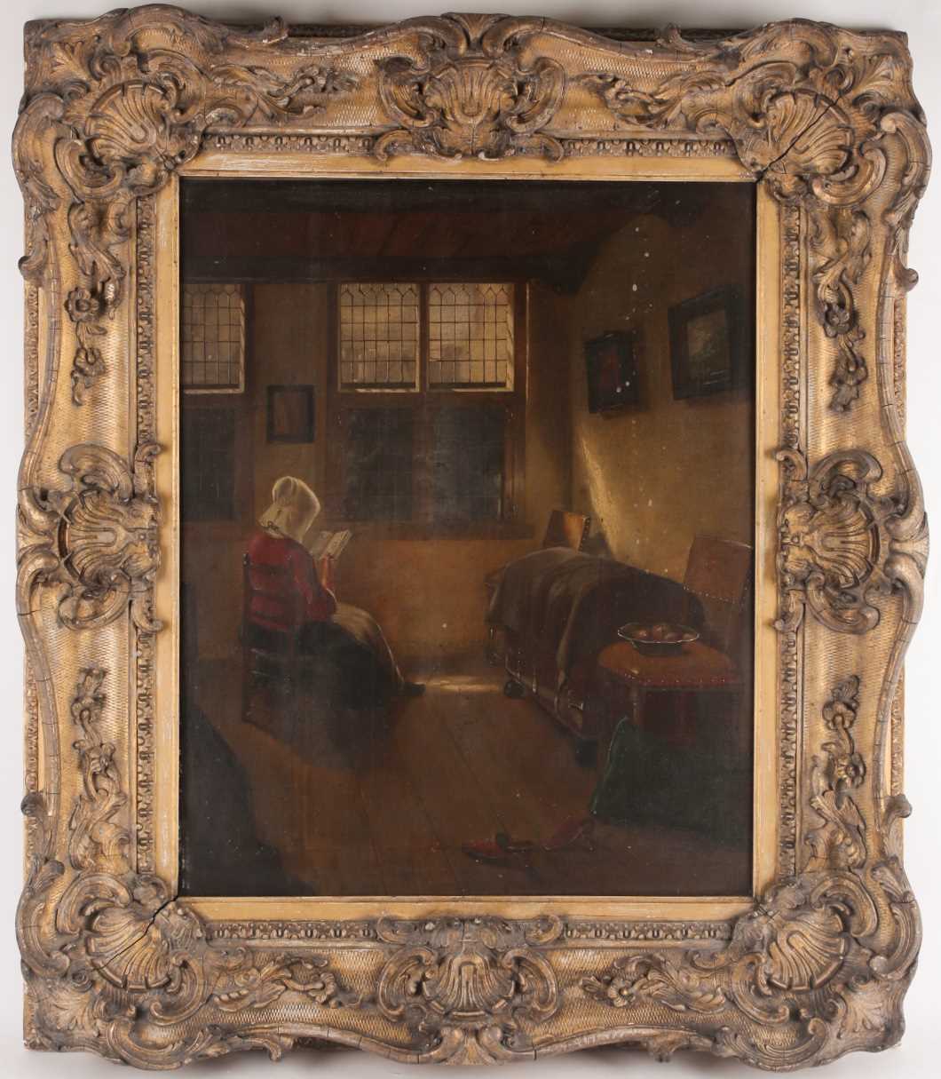 19th century Dutch school, a seated lady reading in an interior setting, oil on canvas, unsigned, 52