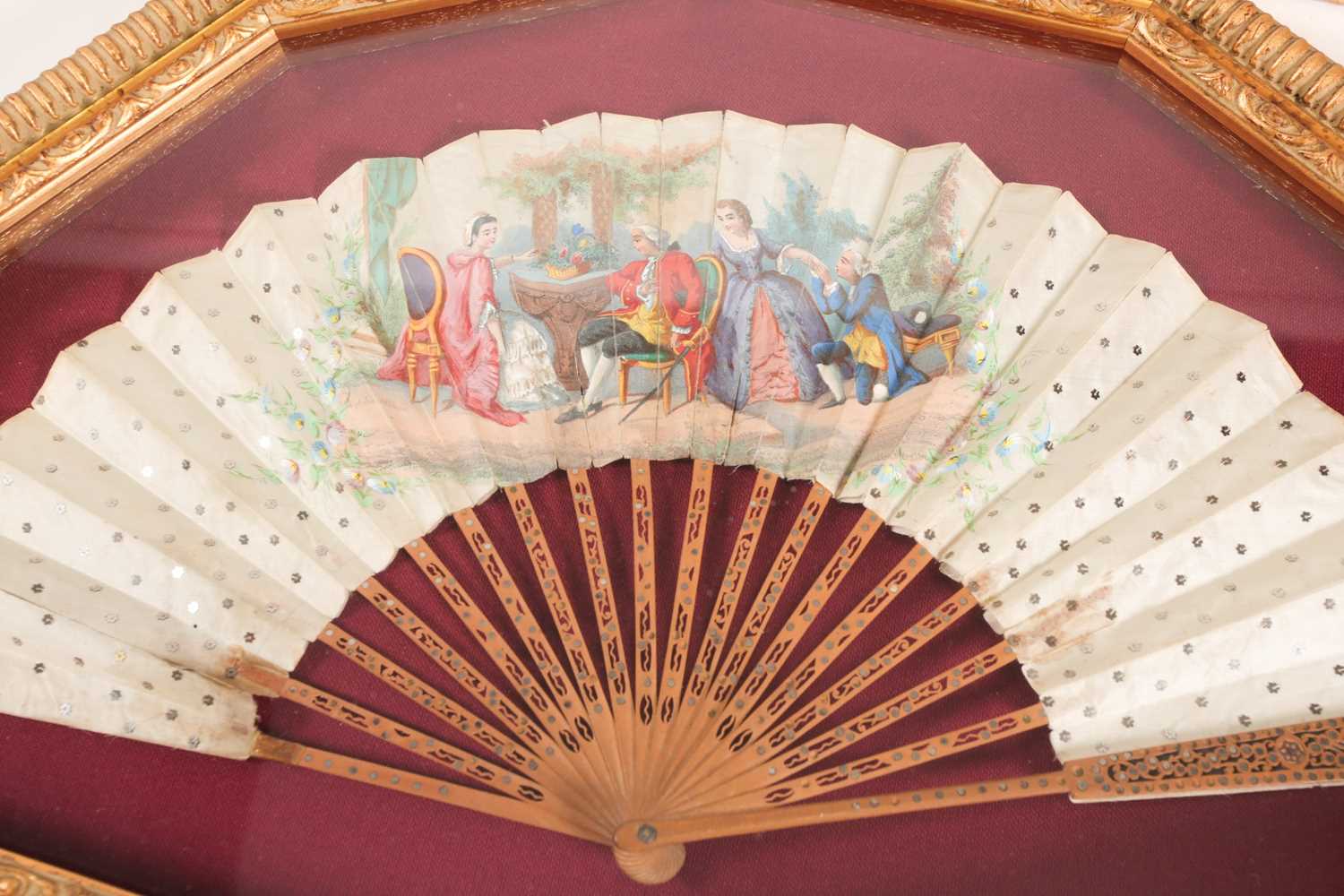 A late 18th century engraved, pierced, and gilt mother of pearl fan, the printed paper leaf with - Image 8 of 9