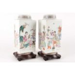 A pair of Chinese famille rose 'Cong' vases, Republic period or later, the neck with a band of