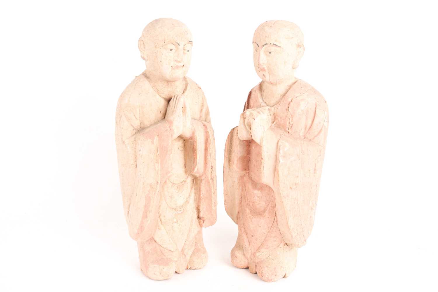 A pair of Chinese carved and earth pigment painted wooden figures of Buddhist monks one with hands - Image 7 of 7