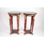 A pair "French Empire" style, marble-topped mahogany gueridons with gilt metal mounted caryatid