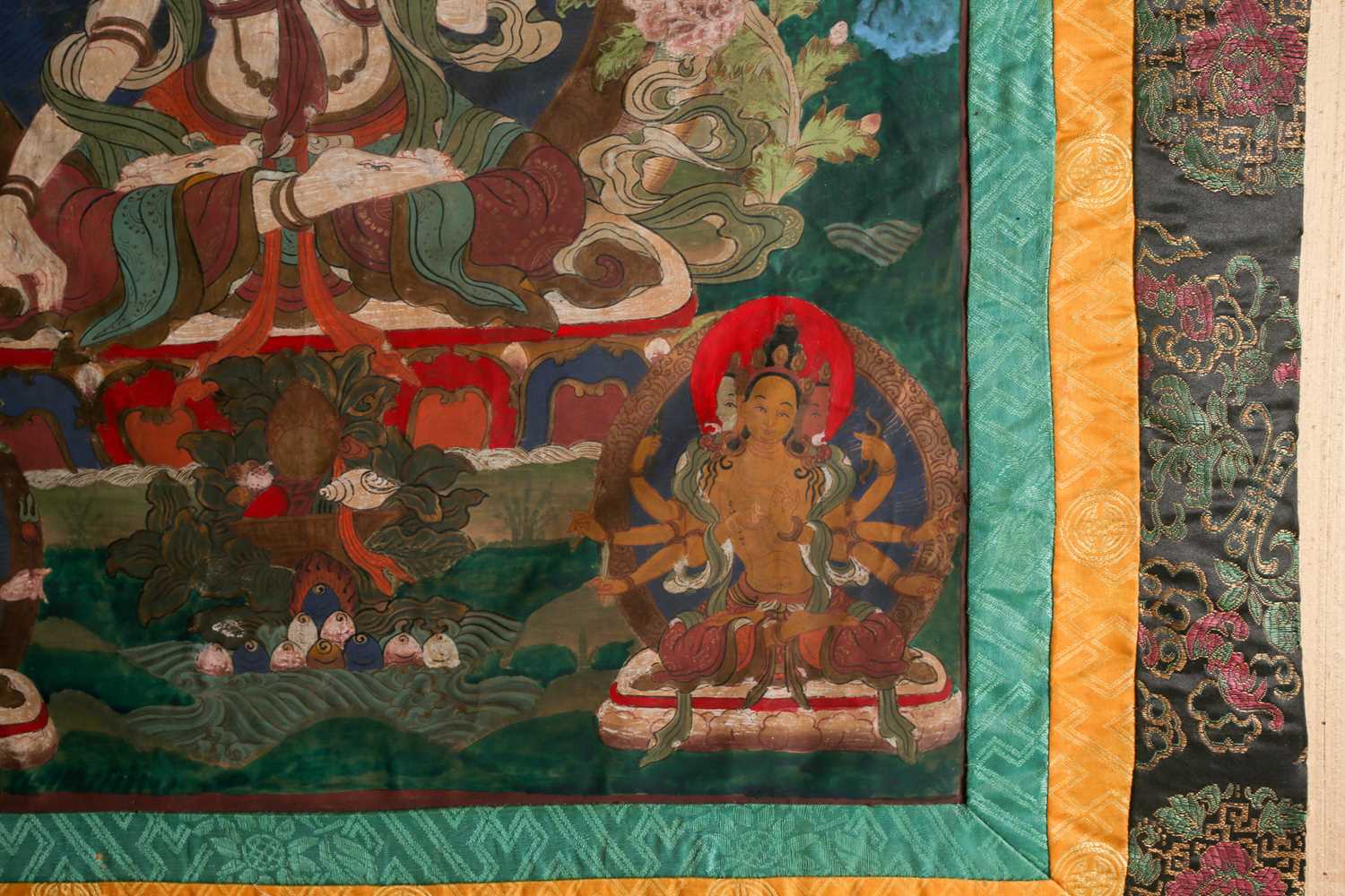 A Tibetan thangka painted on fabric depicting the seated white Tara with her hands in the varada - Image 5 of 8
