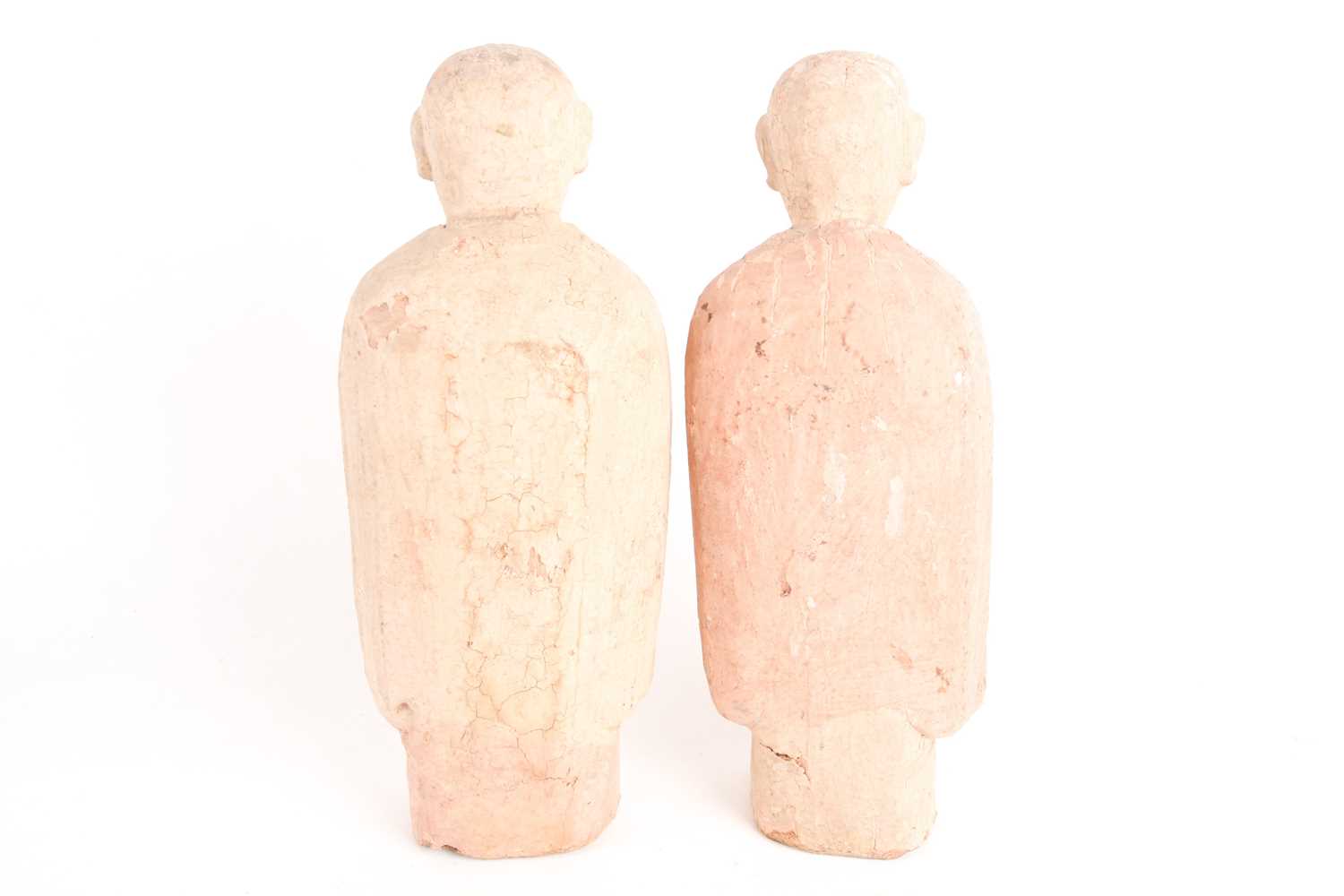 A pair of Chinese carved and earth pigment painted wooden figures of Buddhist monks one with hands - Image 3 of 7