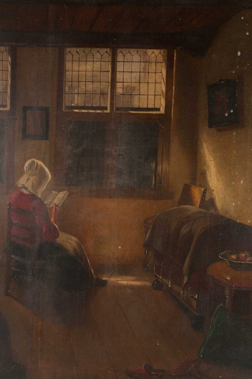 19th century Dutch school, a seated lady reading in an interior setting, oil on canvas, unsigned, 52 - Image 7 of 8