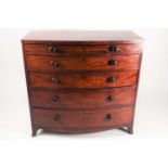 A George IV mahogany, slightly bow fronted commode chest of drawers fitted four ebony strung, long