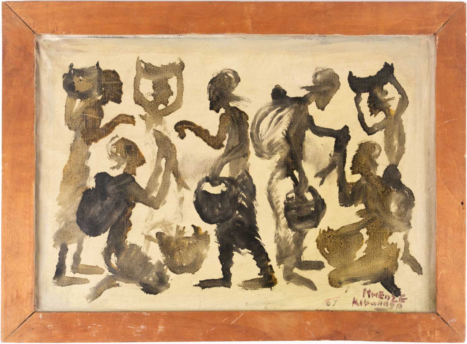 Attributed to Mwenze Kibwanga (1925-1999) Congolese, abstract study of fish sellers at work, oil