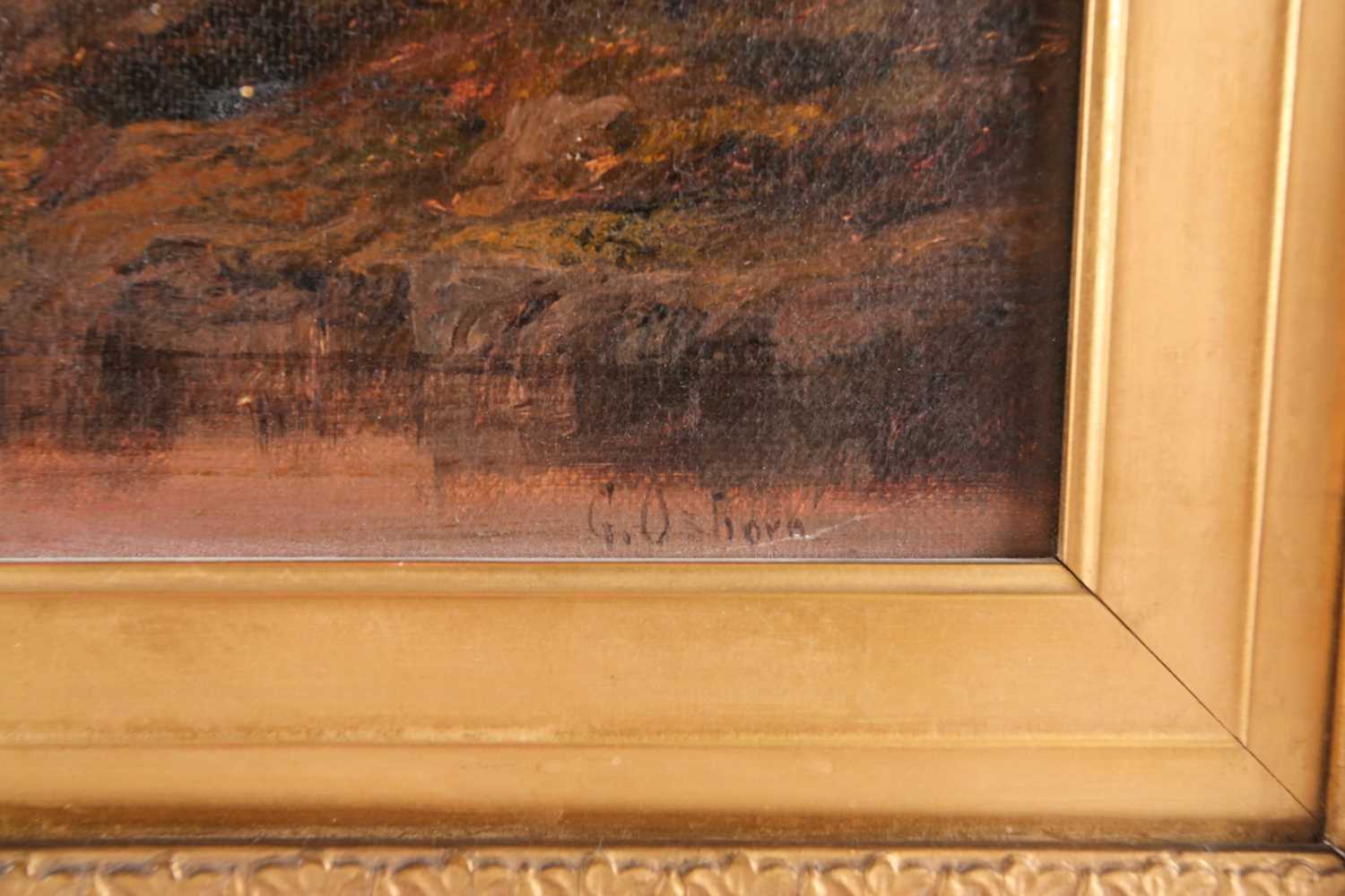 G Osborne (19th Century British School), Figures on the riverbank at sunset, oil on canvas, signed - Image 4 of 4