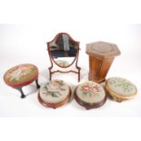 Four late 19th century tapestry top footstools, a shield shape toilet mirror and a Damascus ware