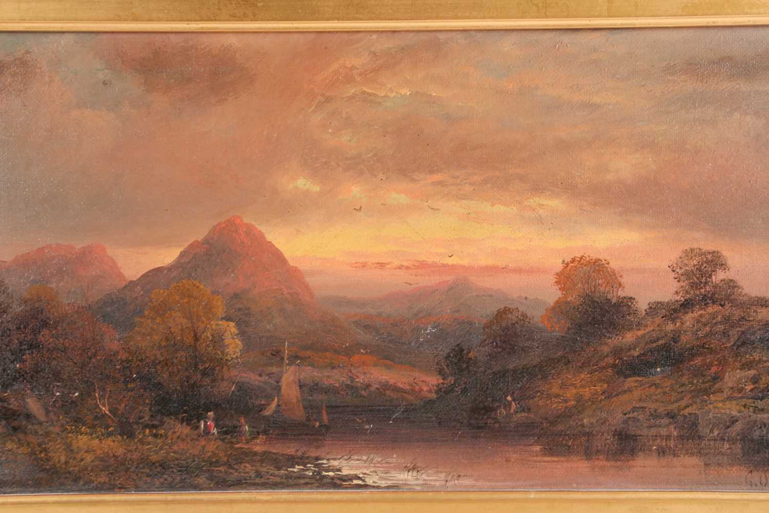 G Osborne (19th Century British School), Figures on the riverbank at sunset, oil on canvas, signed - Image 3 of 4