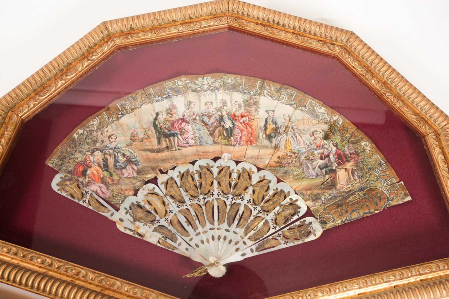 A late 18th century engraved, pierced, and gilt mother of pearl fan, the printed paper leaf with - Image 7 of 9