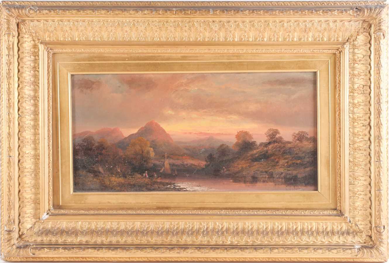 G Osborne (19th Century British School), Figures on the riverbank at sunset, oil on canvas, signed
