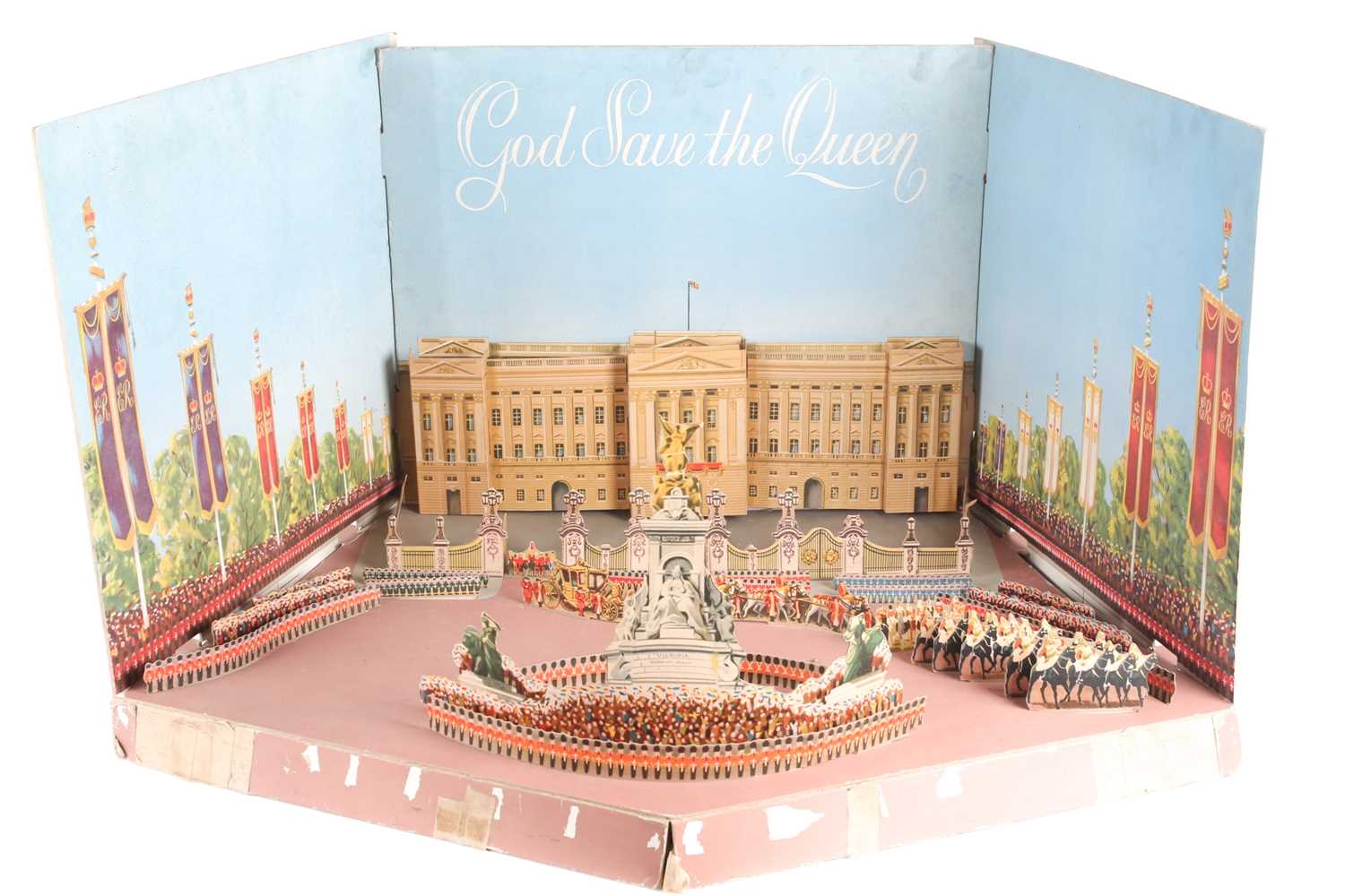 A rare 1953 Coronation shop window display depicting the Gold State Coach outside Buckingham