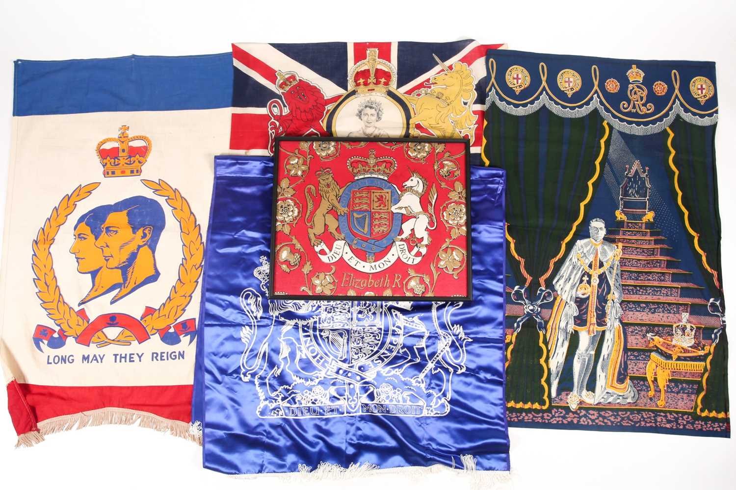 A small collection of five Royal commemorative fabric banners including the coronation of King