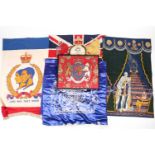 A small collection of five Royal commemorative fabric banners including the coronation of King