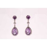 A pair of diamond and amethyst drop earrings, set with faceted square-cut amethyst suspended with