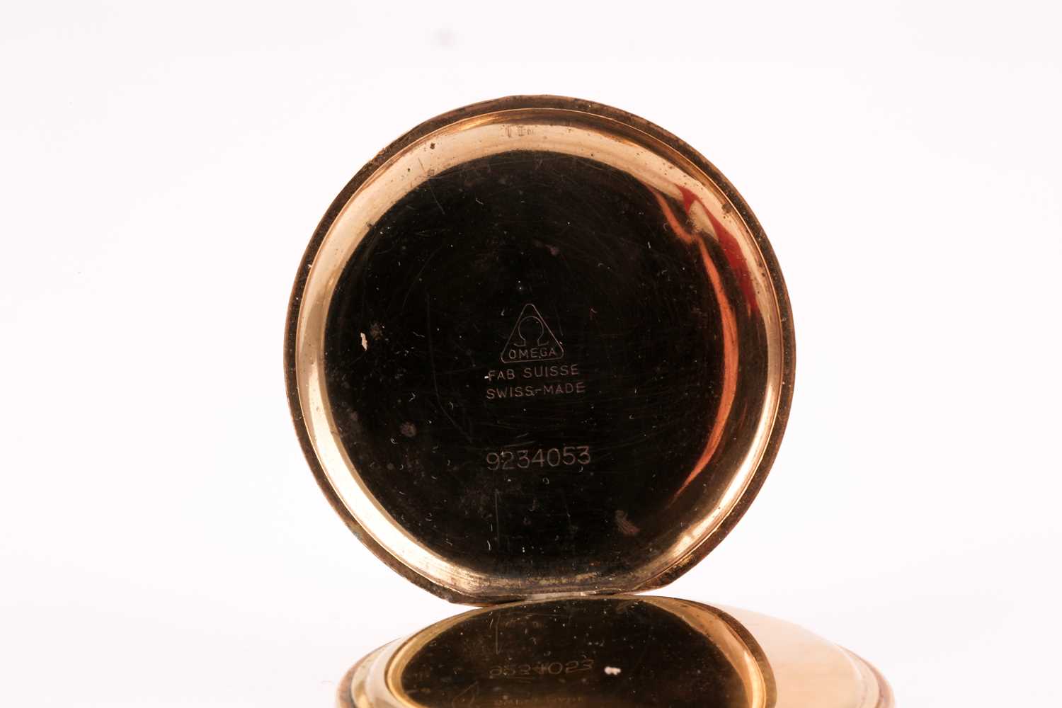An Omega gold plated pocket watch, the white enamel dial with black Roman numerals and subsidiary - Image 4 of 9