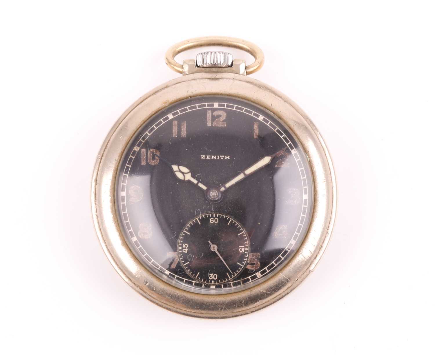 A WWII era Zenith German military pocket watch, the black dial with Arabic numerals, and