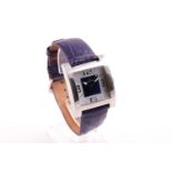 A Jacques Lemans stainless steel quartz wristwatch, the square-shaped case with blue and white dial,