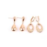 A pair of 9ct yellow gold hollow drop earrings, approximately 3.7 cm long, together with a pair of