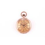 A 9ct gold opened faced pocket watch, the gilt dial with Roman numerals, reeded chapter ring and