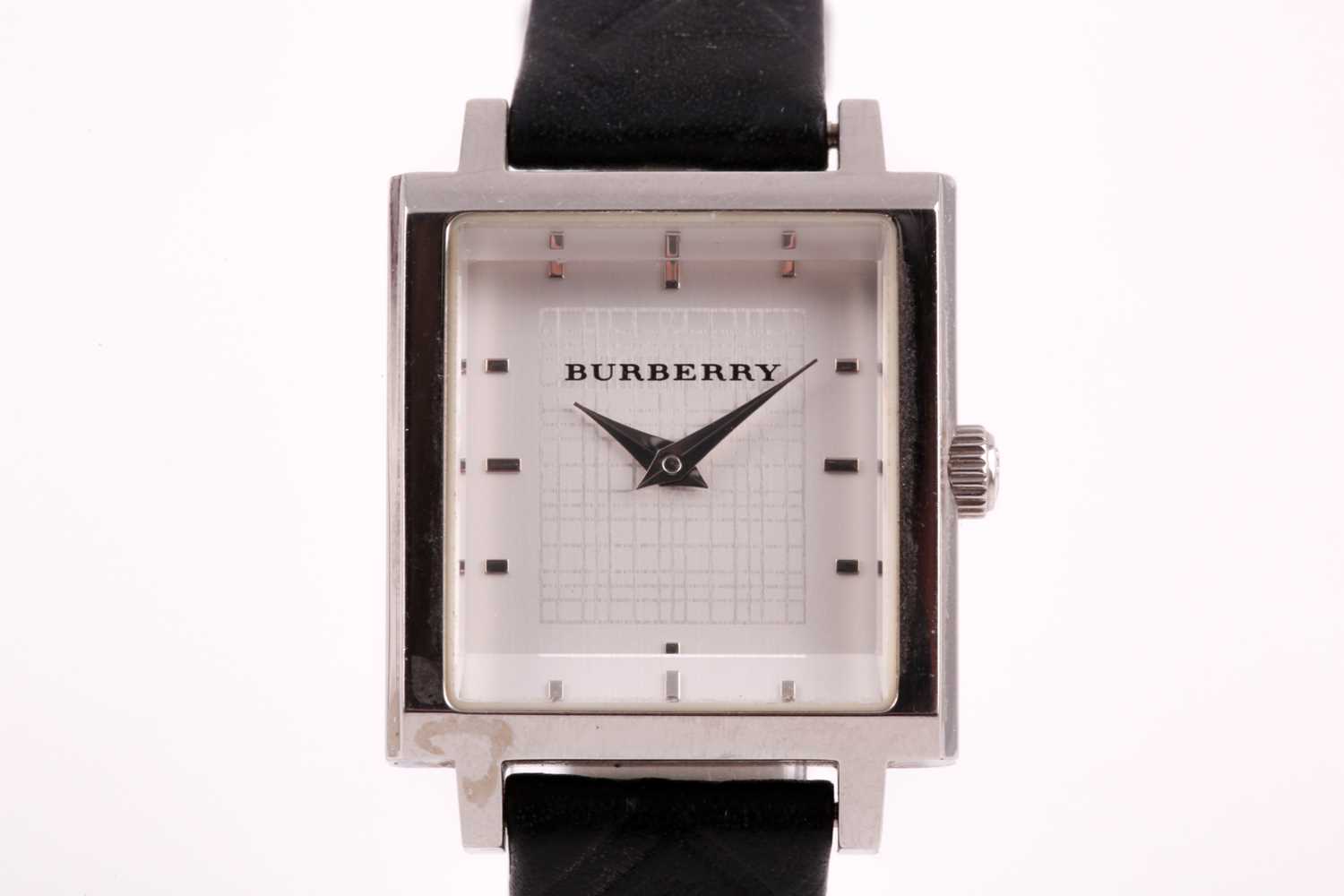 A Burberry ladies stainless steel wristwatch, the square dial with baton indices and grid-shaped - Image 9 of 10