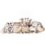A pair of silver vases, a silver sauce boat Sheffield 1921, a silver toast rack and a quantity of