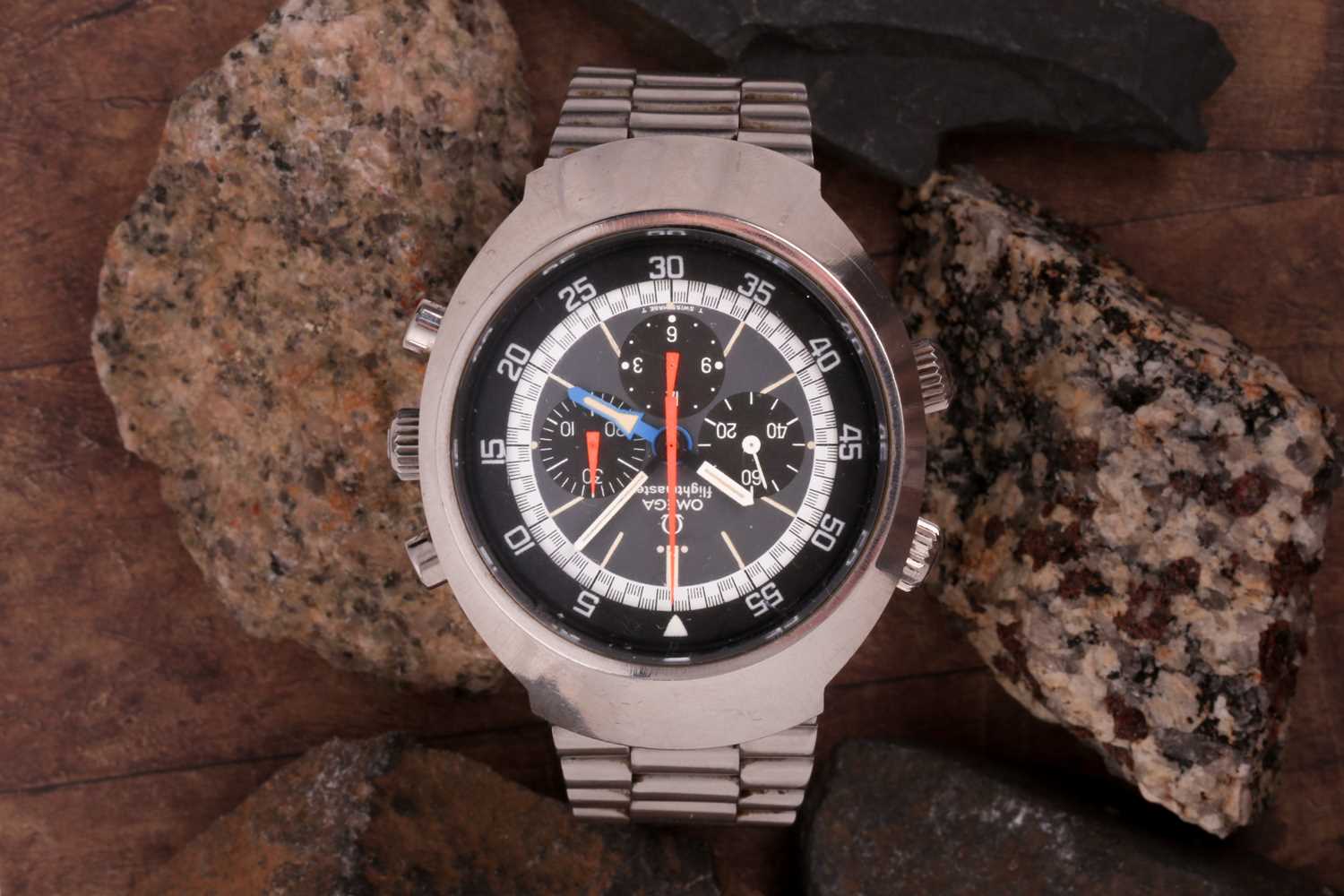 A 1972 Omega Flightmaster ref: 145.026 stainless steel chronograph wristwatch, the grey dial with