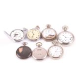 A collection of seven pocket watches, including examples by Elgin, Smiths and others, in an oak box.
