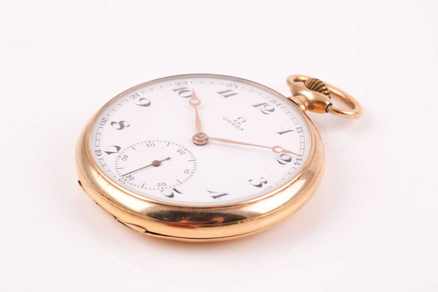 An Omega gold plated pocket watch, the white enamel dial with black Roman numerals and subsidiary - Image 3 of 9