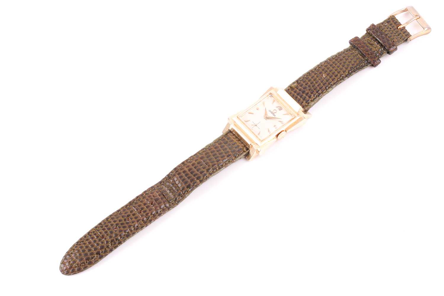 Omega. A rectangular gold cased 1940's wristwatch, the signed silvered dial with applied gilt dart - Image 3 of 6