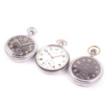 Three military pocket watches, comprising an Elgin watch with black dial, numbered TK1722, a