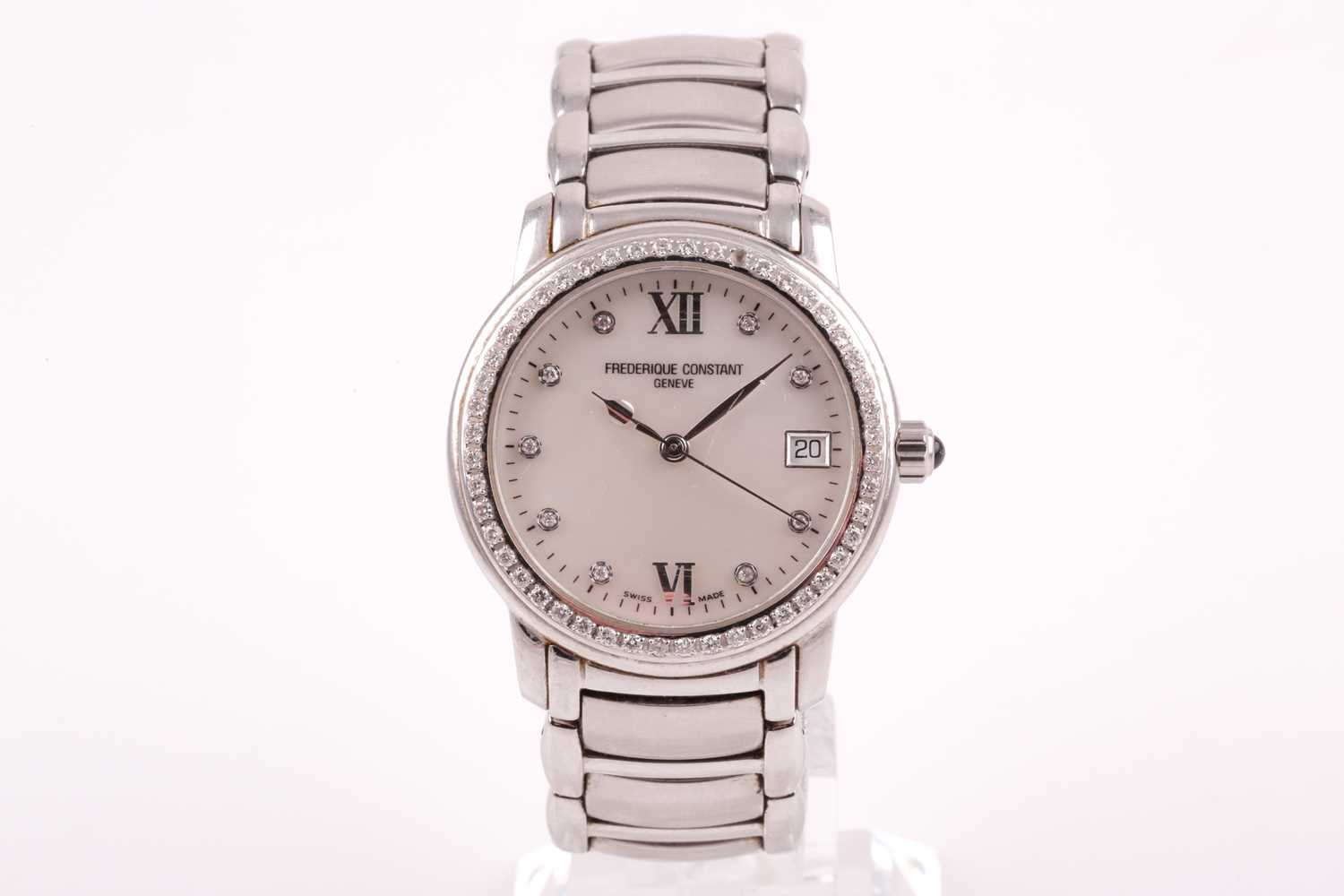 Frederique Constant. A stainless steel wristwatch, the mother-of-pearl dial with Roman numerals at