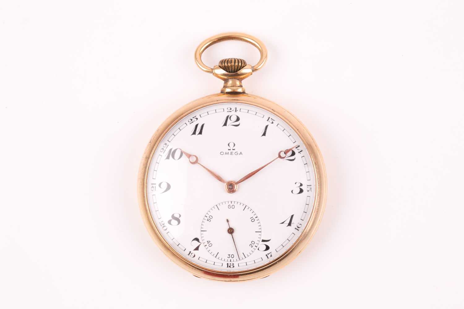 An Omega gold plated pocket watch, the white enamel dial with black Roman numerals and subsidiary