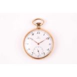An Omega gold plated pocket watch, the white enamel dial with black Roman numerals and subsidiary
