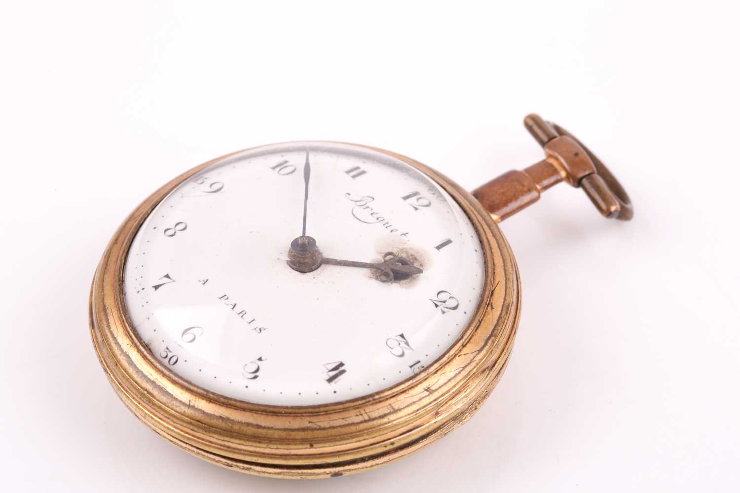 A Breguet of Paris brass-cased pocket watch, the white enamel dial signed Breguet a Paris, with - Image 3 of 8