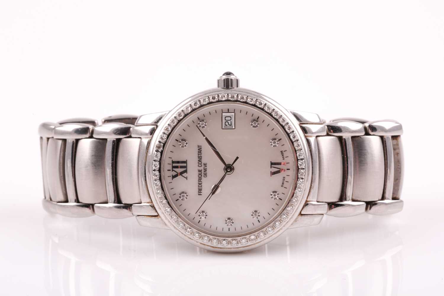 Frederique Constant. A stainless steel wristwatch, the mother-of-pearl dial with Roman numerals at - Image 6 of 8