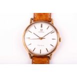 Omega. A gentleman's 9ct gold Geneve wristwatch, the brushed circular dial with baton indices and