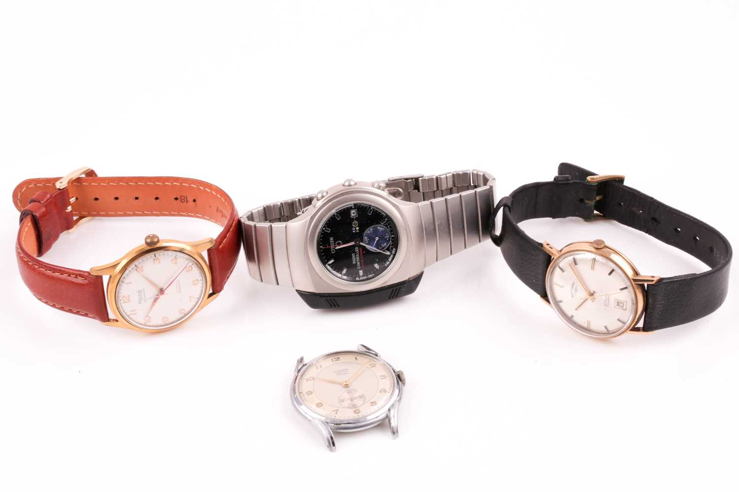 A group of four assorted wristwatches, comprising a 9ct yellow gold Rotary watch, a Pirenne