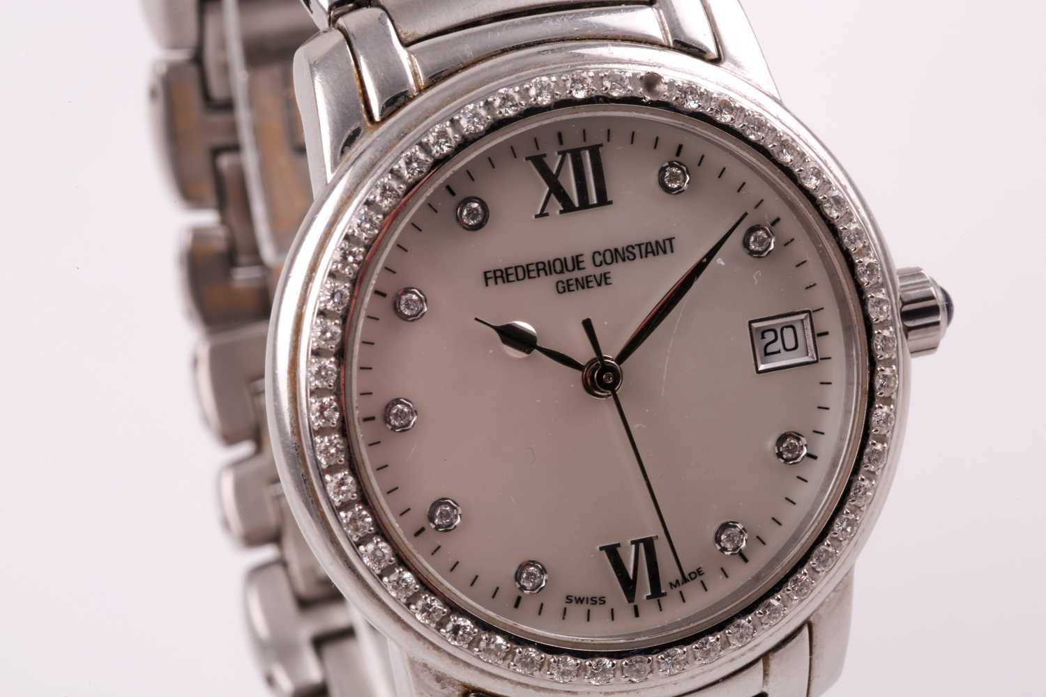Frederique Constant. A stainless steel wristwatch, the mother-of-pearl dial with Roman numerals at - Image 4 of 8