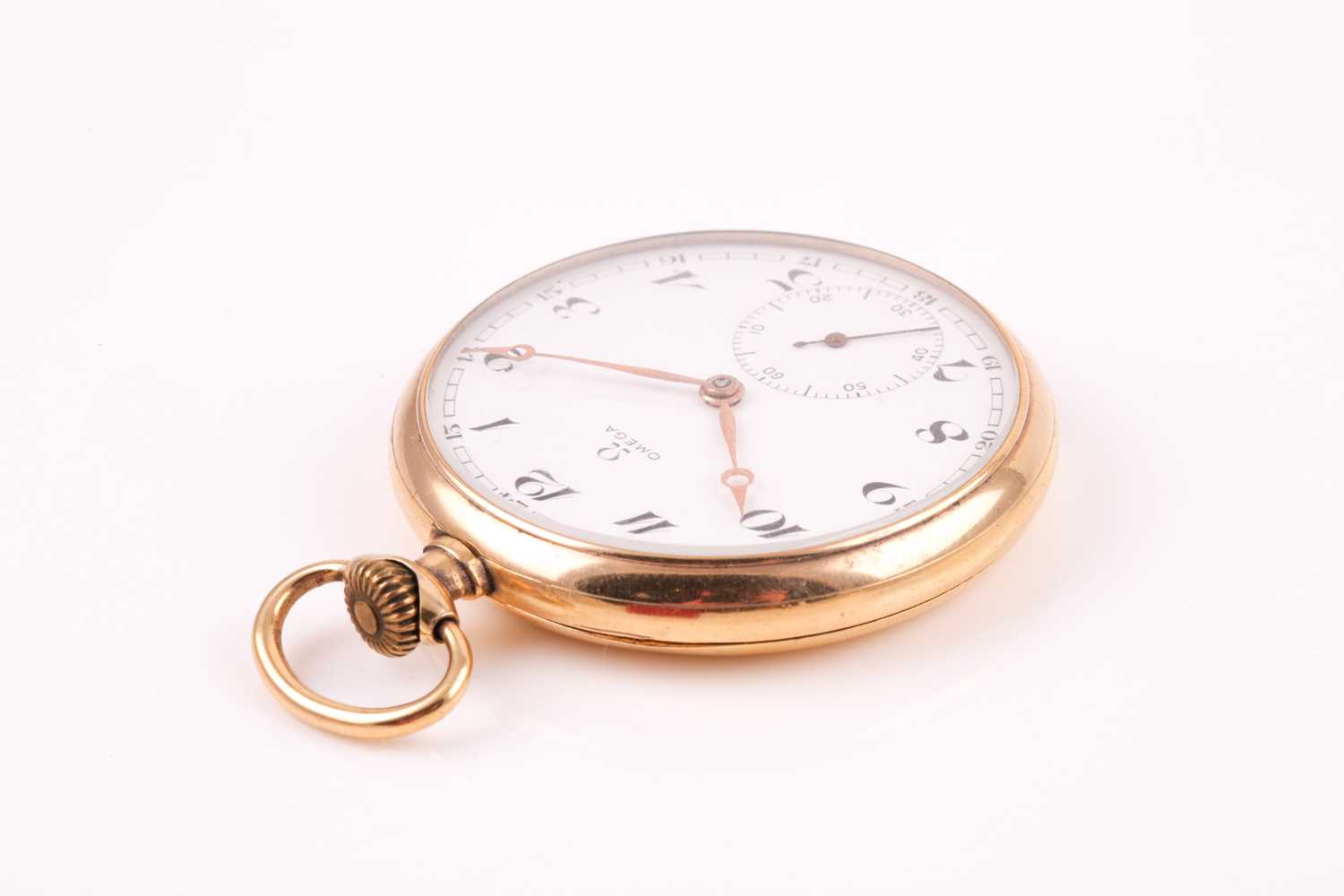 An Omega gold plated pocket watch, the white enamel dial with black Roman numerals and subsidiary - Image 8 of 9