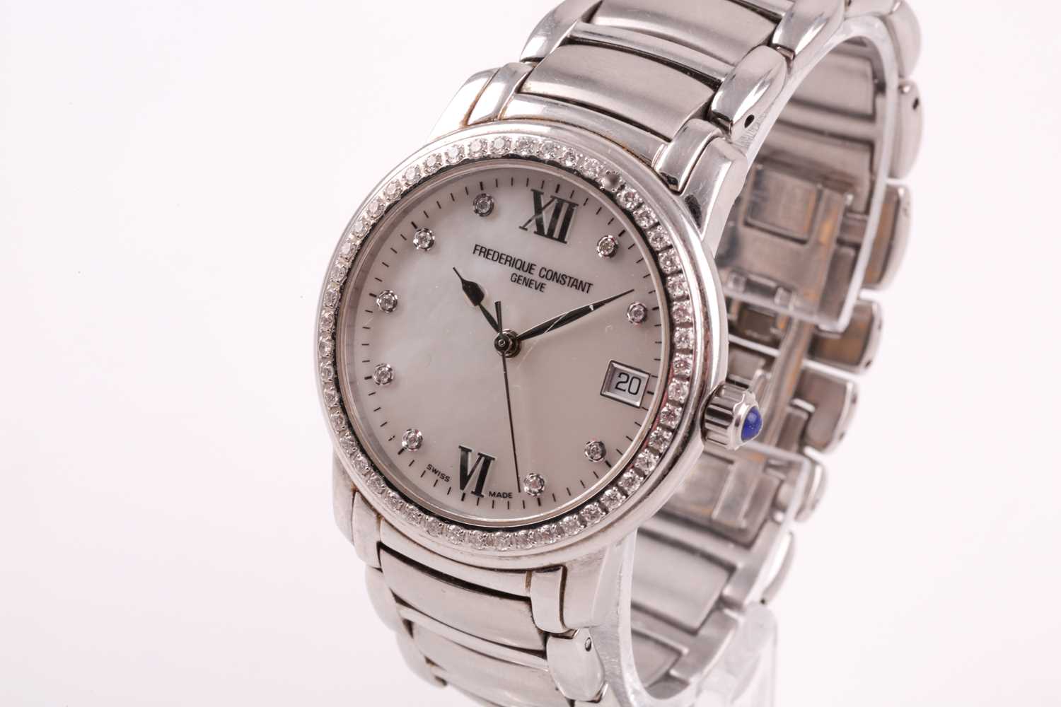 Frederique Constant. A stainless steel wristwatch, the mother-of-pearl dial with Roman numerals at - Image 2 of 8
